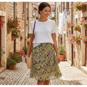 Notations Floral Midi Skirt Womens PL Yellow Green Purple Chiffon A-Line Boho